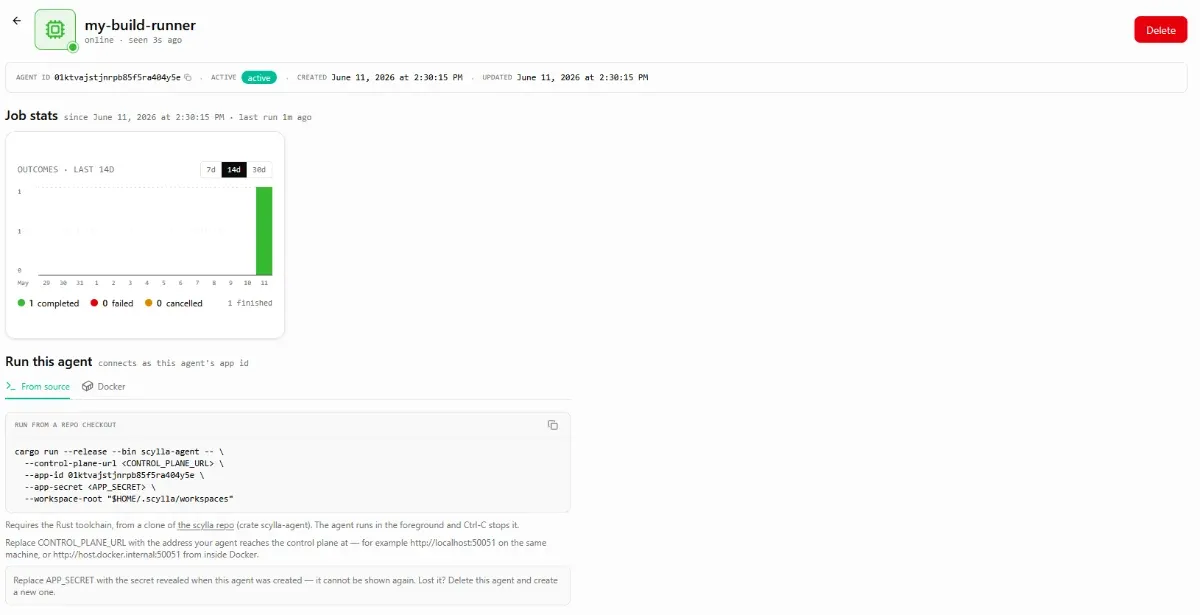 Agent page of my-build-runner, with its job stats and the command to run the agent