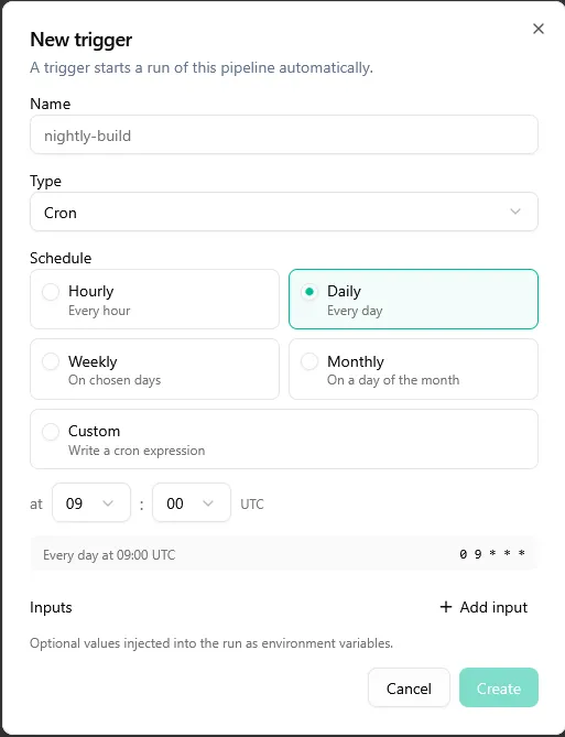 New trigger form of type Cron with a daily schedule at 09:00 UTC