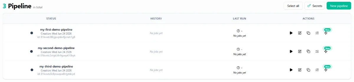 Pipeline list with a new trigger button in the actions of each pipeline
