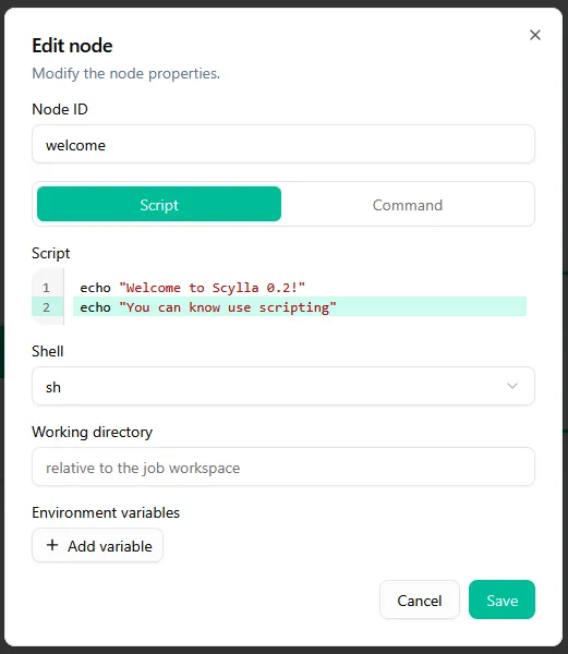 Edit node dialog in Script mode with a two-line shell script