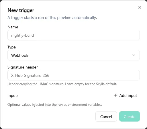 New trigger form of type Webhook with a signature header field
